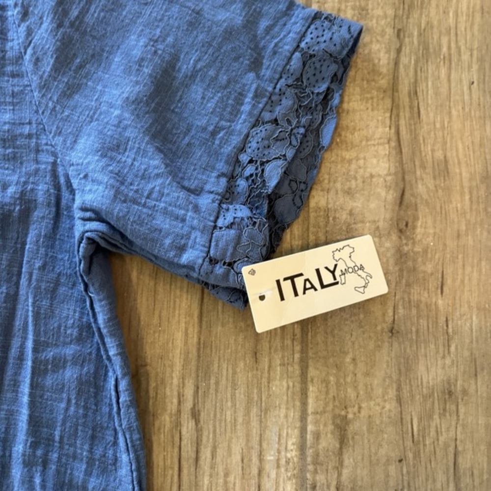 Made In Italy Cool Cotton Shift Dress Short Sleeve Lace Button Trim Size L NWT - Picture 3 of 10